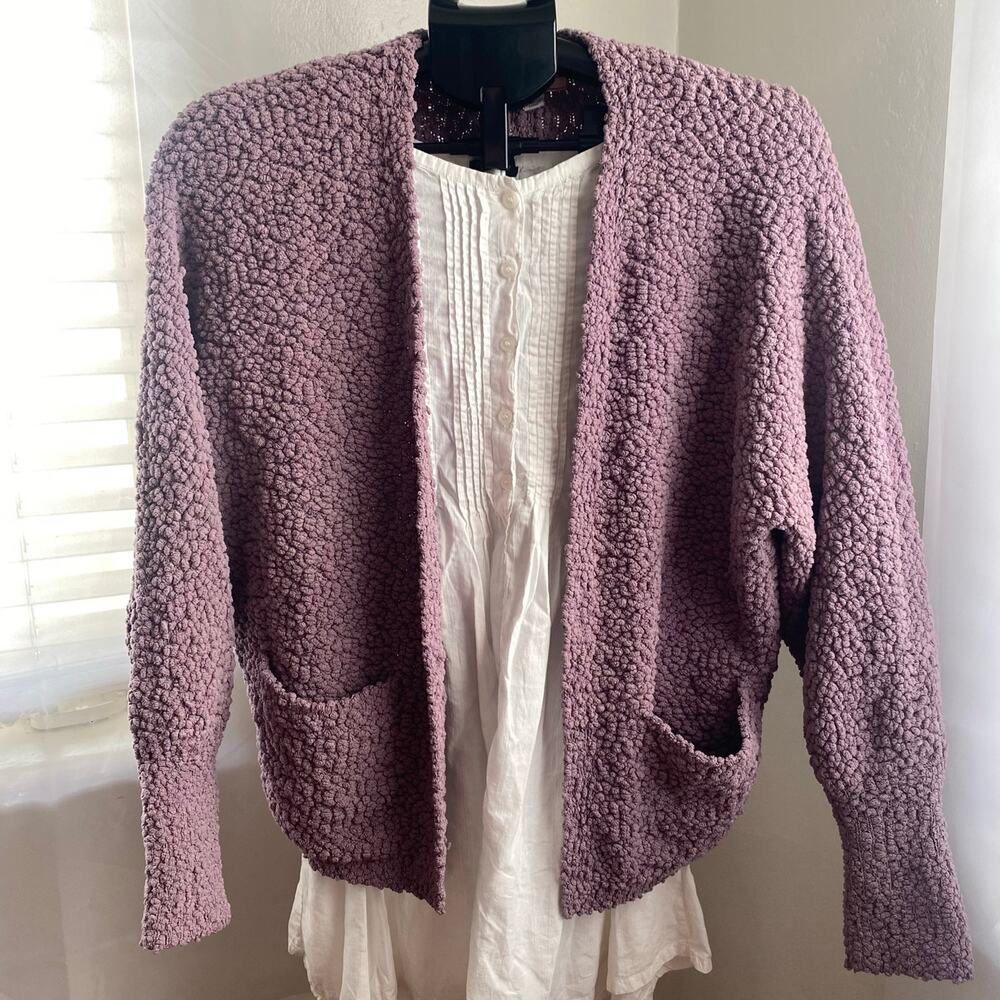 Women’s lavender Popcorn Knit Cardigan  Open Front Pocket Sweater Large